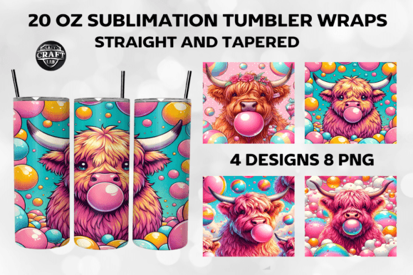Bubblegum Highland Cow Tumbler Wrap PNG