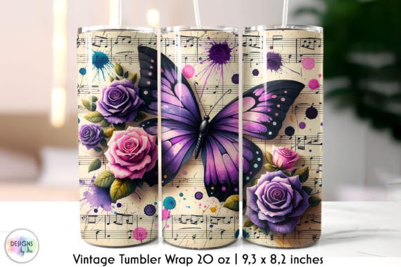 Butterfly on Vintage Music Sheet Tumbler: Graphics & Tumbler Wraps