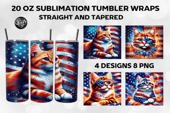 Cat USA Flag 4th of July Tumbler Wraps Graphics