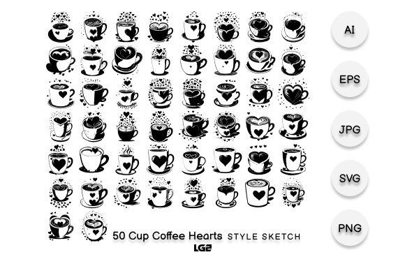 Cup Coffee Hearts Element Draw Black: Graphics & Illustrations