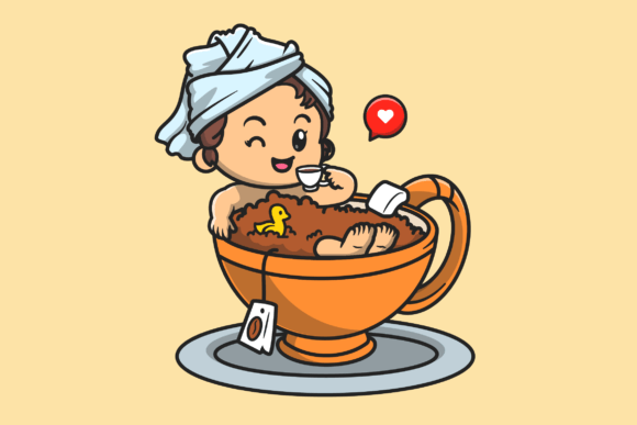 Cute Girl Bathing in Cup Tea Cartoon Graphics & Illustrations
