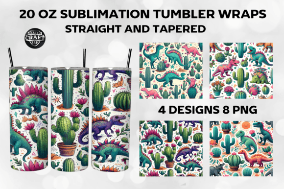 Dinosaur Cactus Tumbler Wrap 20oz PNG