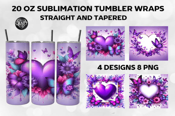 Purple Heart Butterfly Tumbler Wraps Graphics