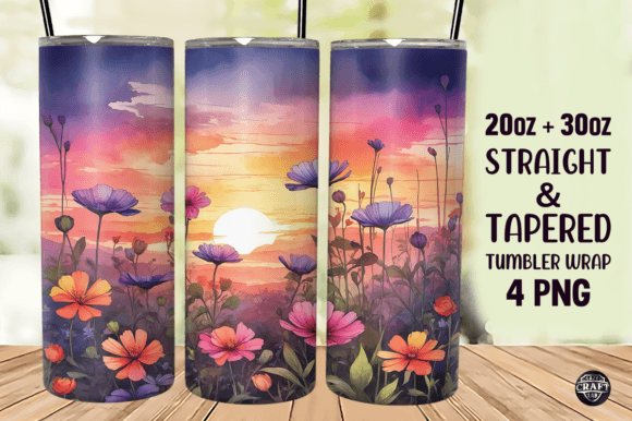 Watercolor Wildflower Sunset Tumbler PNG: Graphics for Tumbler Wraps